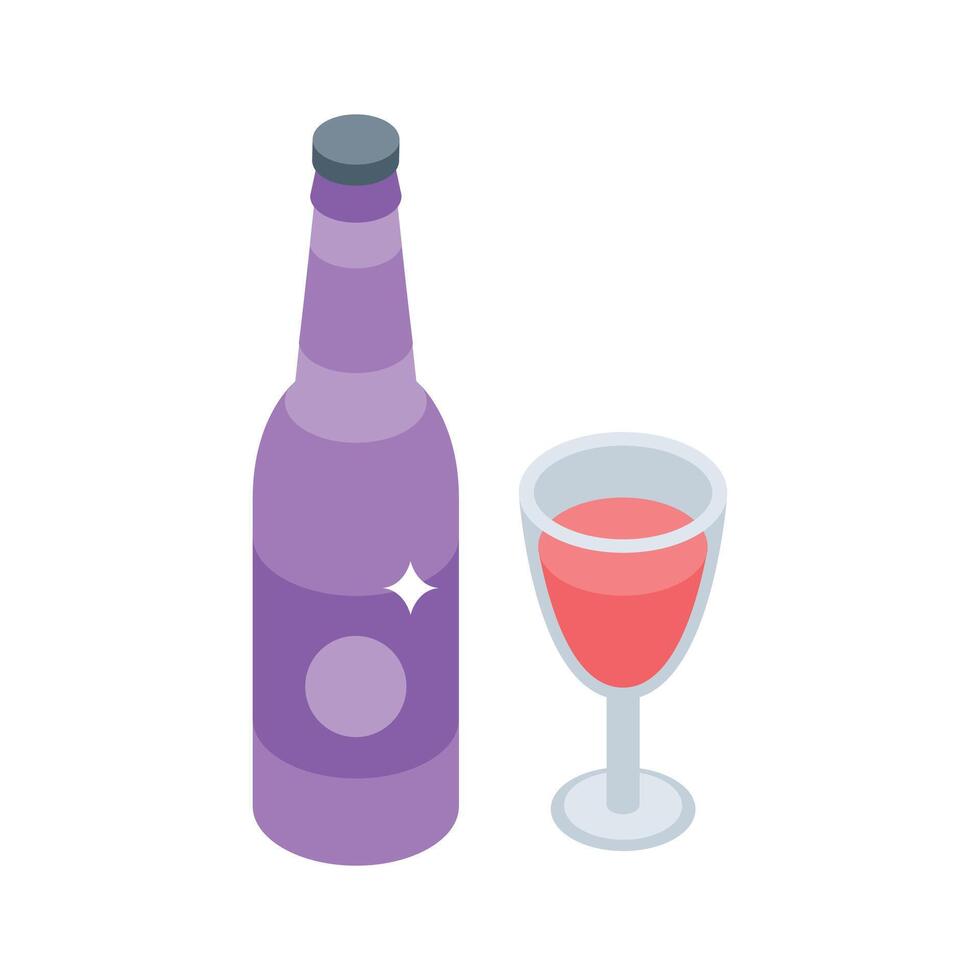 A trendy isometric icon showing wine bottle and glass vector