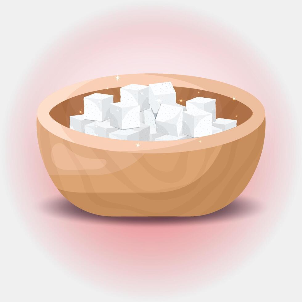White sugar cubes in a wooden bowl illustration vector