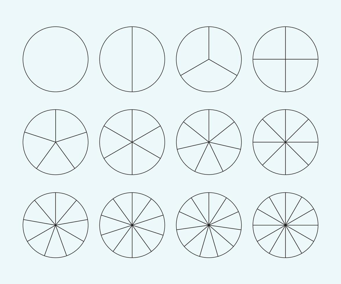 Circumference of a circle. Divided Circles Representing Fractions and Proportions vector