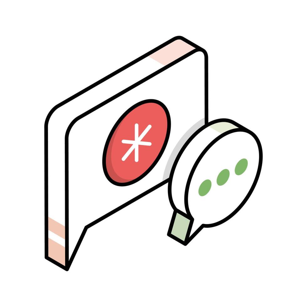 An editable isometric icon showing medical chat bubble vector