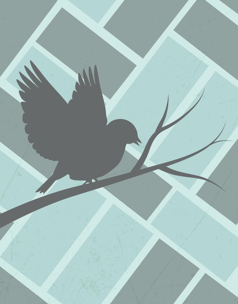 Bird silhouette on branch with geometric muted background vector