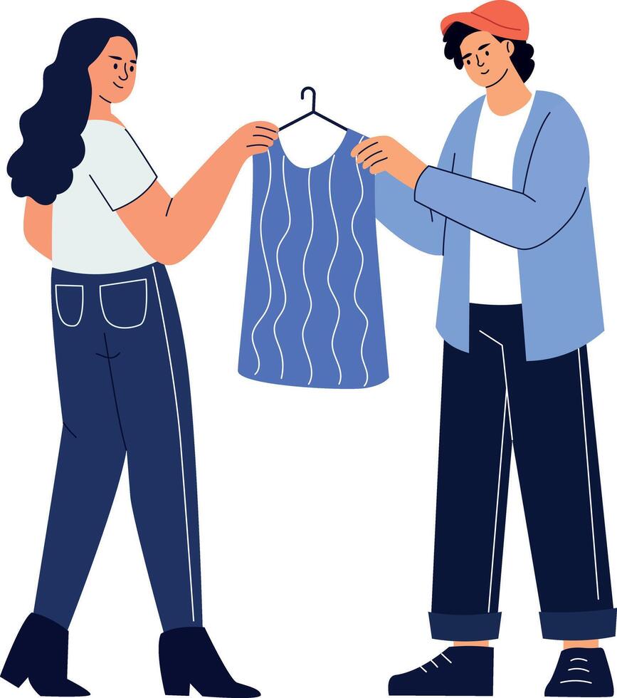 A flat style illustration showing friends buying clothes vector