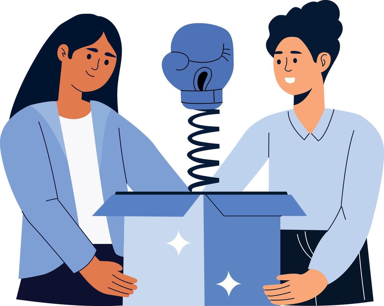 A flat style illustration showing two friends holding prank box vector