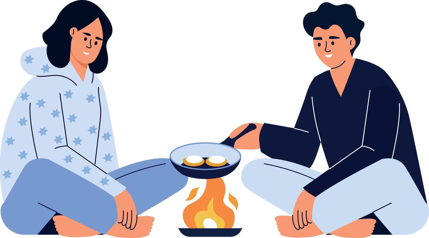 A flat style illustration showing friends doing outdoor cooking vector