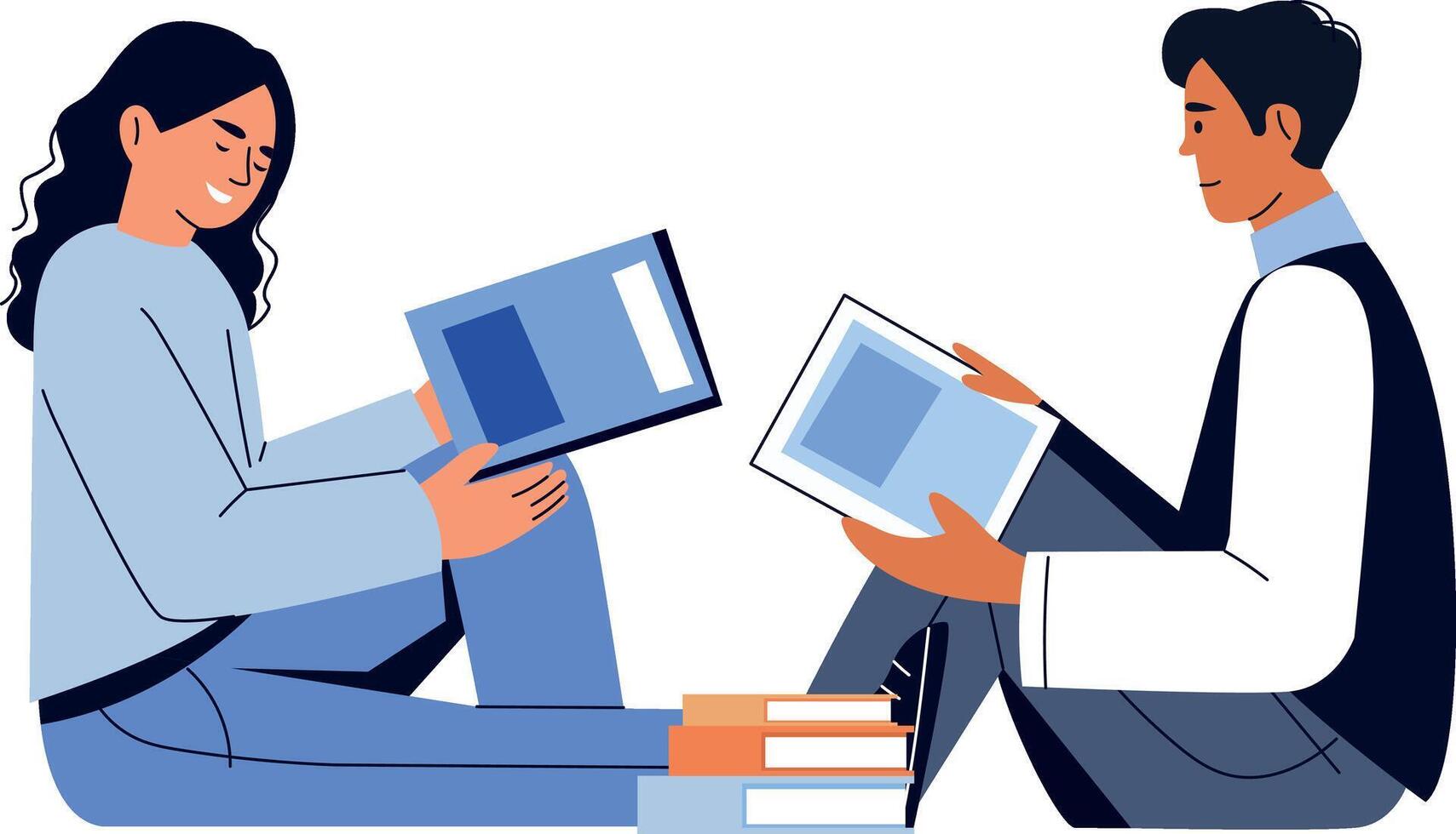 A flat style illustration showing friends exchanging books vector