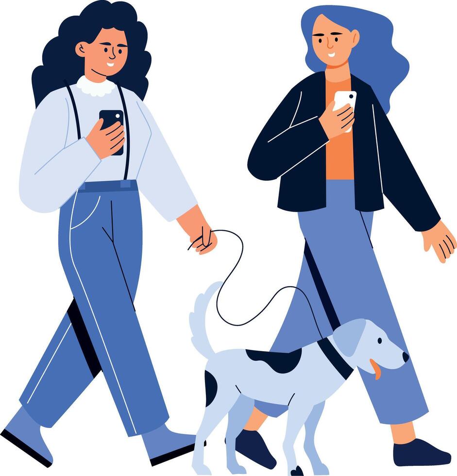 A flat style illustration showing friends with walking dog vector