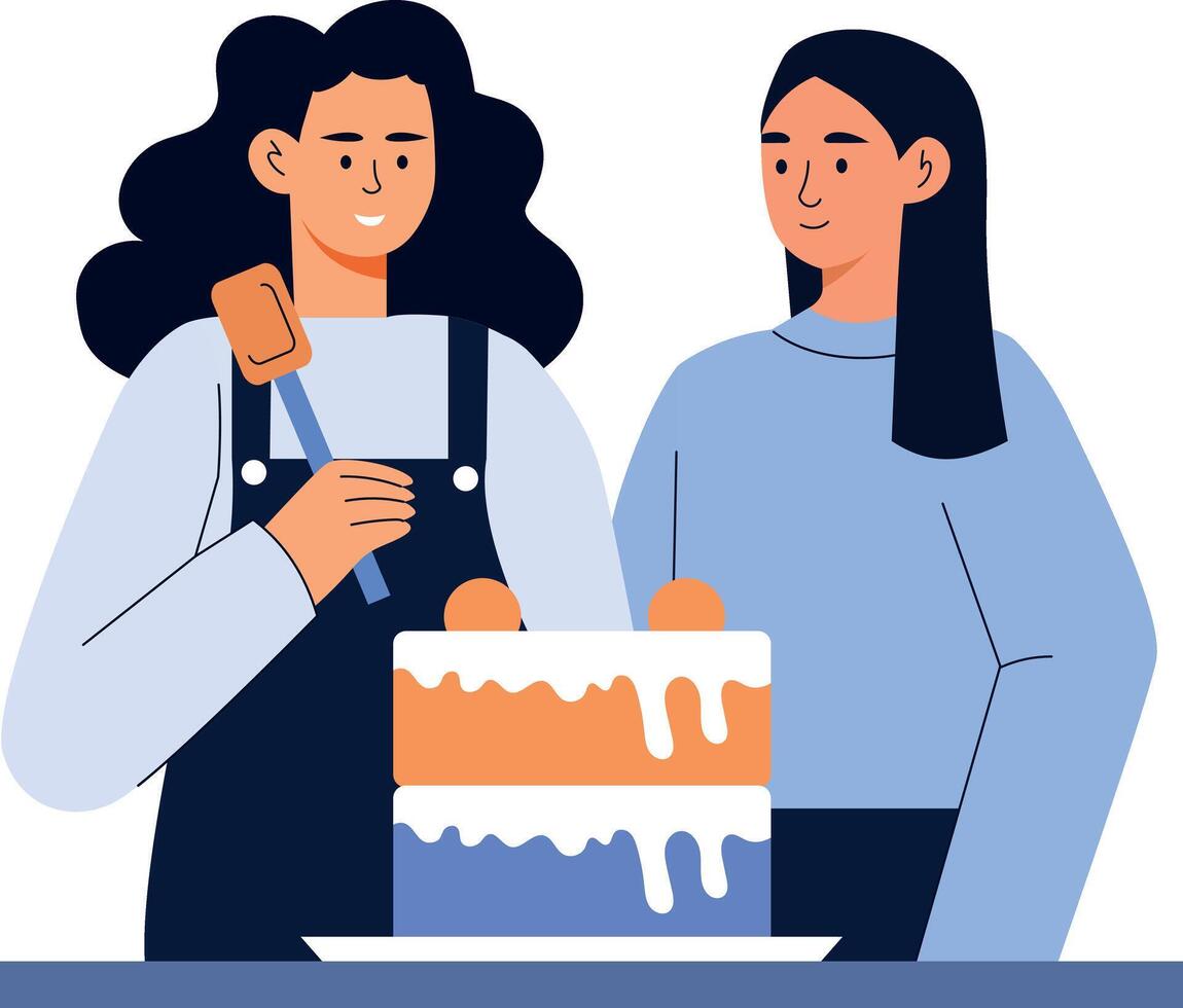 A flat style illustration showing friends enjoying cake decorating vector