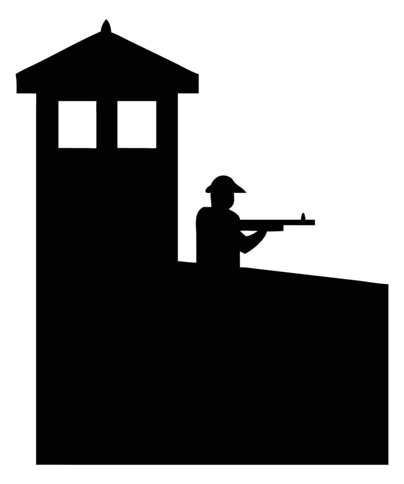 Silhouette of a guard on duty in a watchtower with a rifle for security and protection concept vector