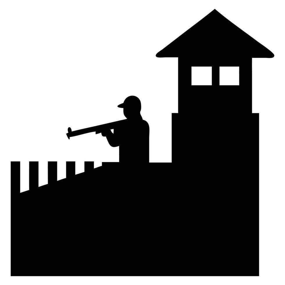 Silhouette of guard tower with armed soldier on patrol for security and protection of the fortress wall vector