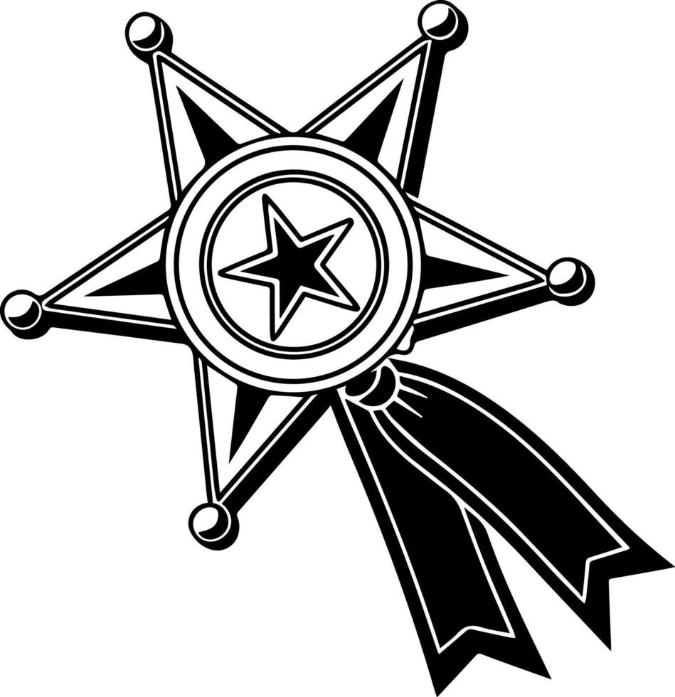 Black silhouette of bold star-shaped rosette badge with ribbon ends, clean flat emblem perfect for certificate seals or stock icon illustration vector