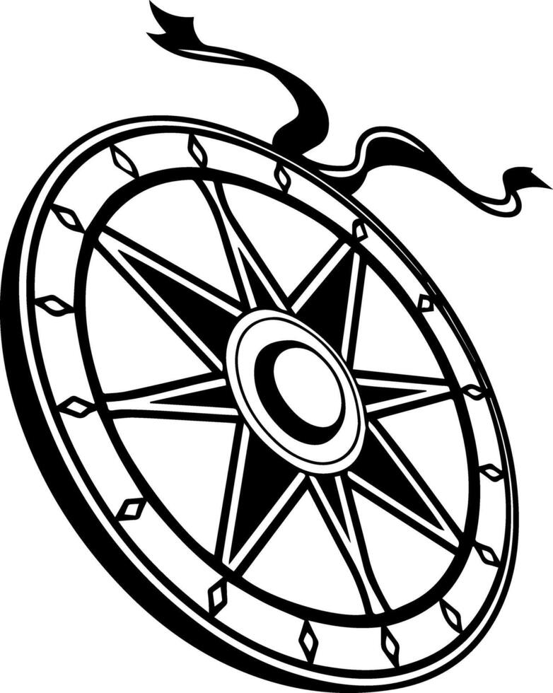 Simple round shield black silhouette with top ribbon loop, minimal flat award design great for emblem, badge, or clean stock icon display vector