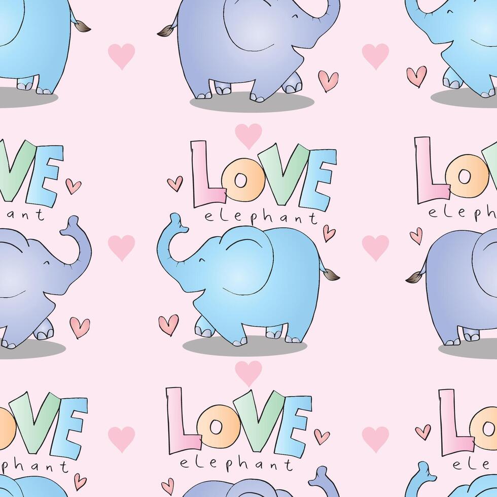 Seamless pattern with cute elephants, heart and text love elephant. vector