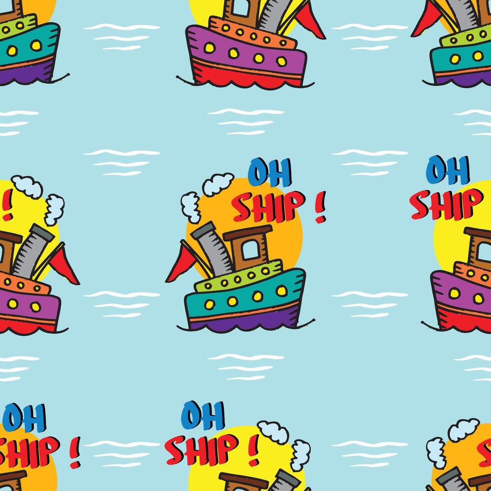 Seamless pattern with cartoon ships on the sea. vector