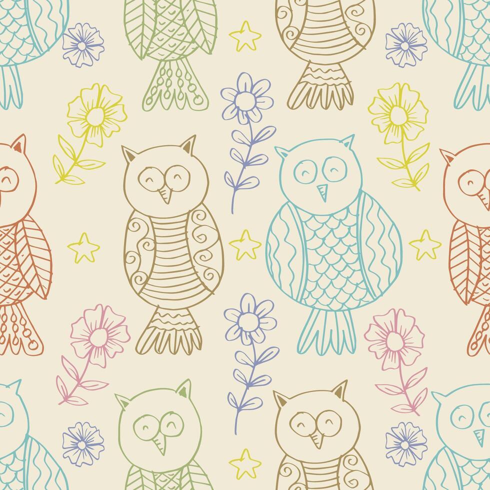 Seamless pattern with owls and flowers vector