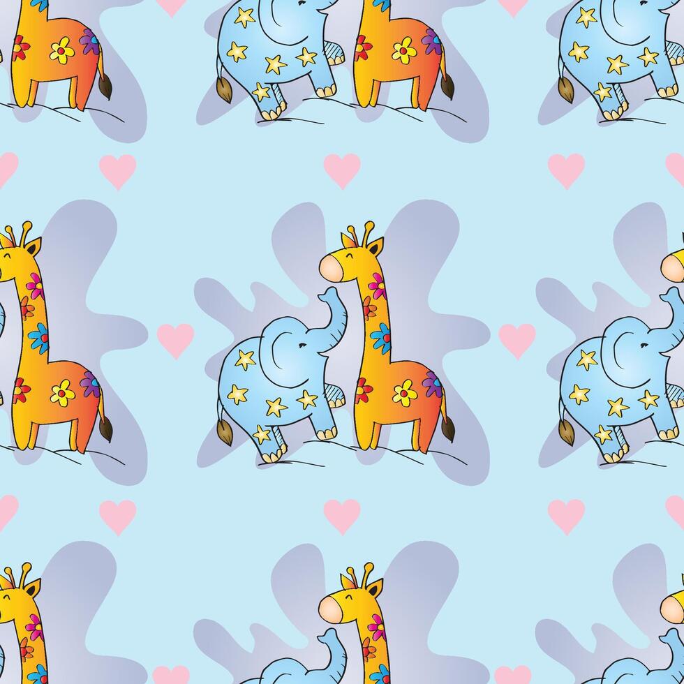 Seamless pattern with cute cartoon giraffe and elephant in love with hearts. vector
