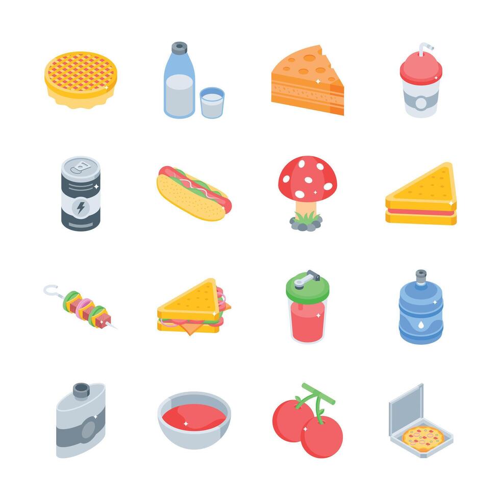 Get a glimpse of this pack of junk food and beverages isometric icons vector