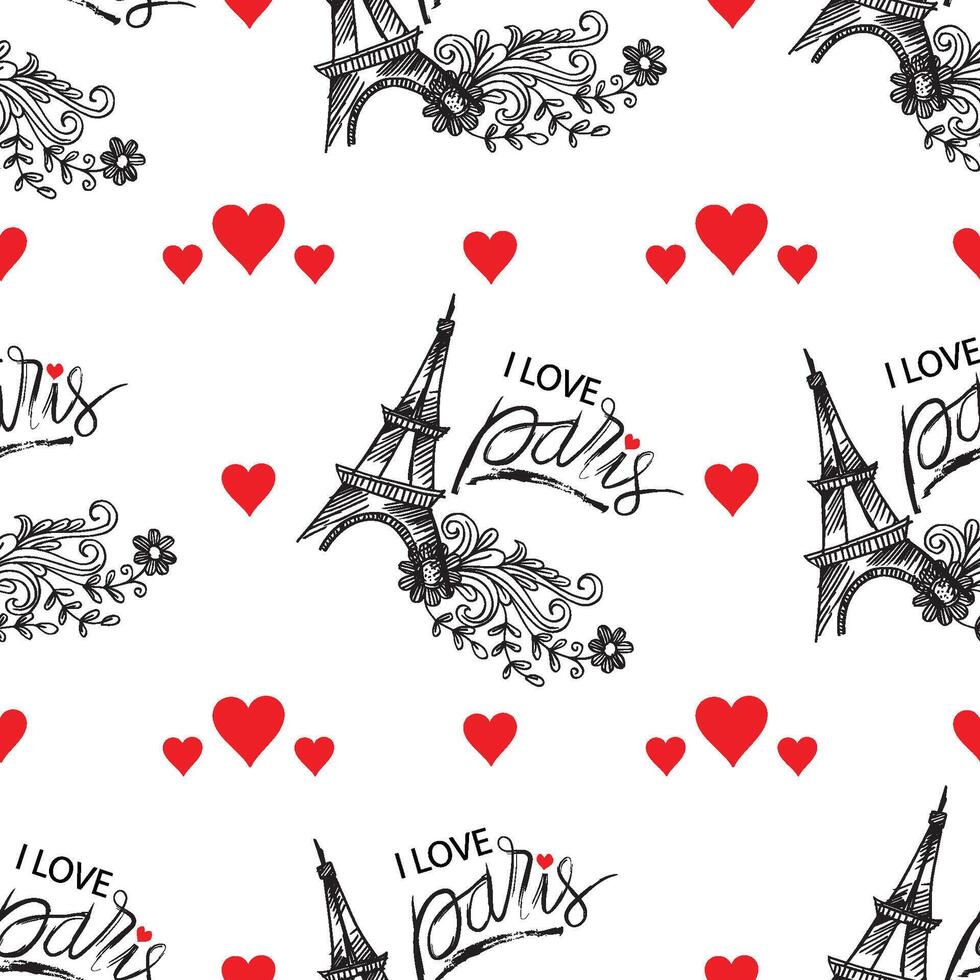 Seamless pattern with Eiffel Tower and hearts. I Love Paris. vector
