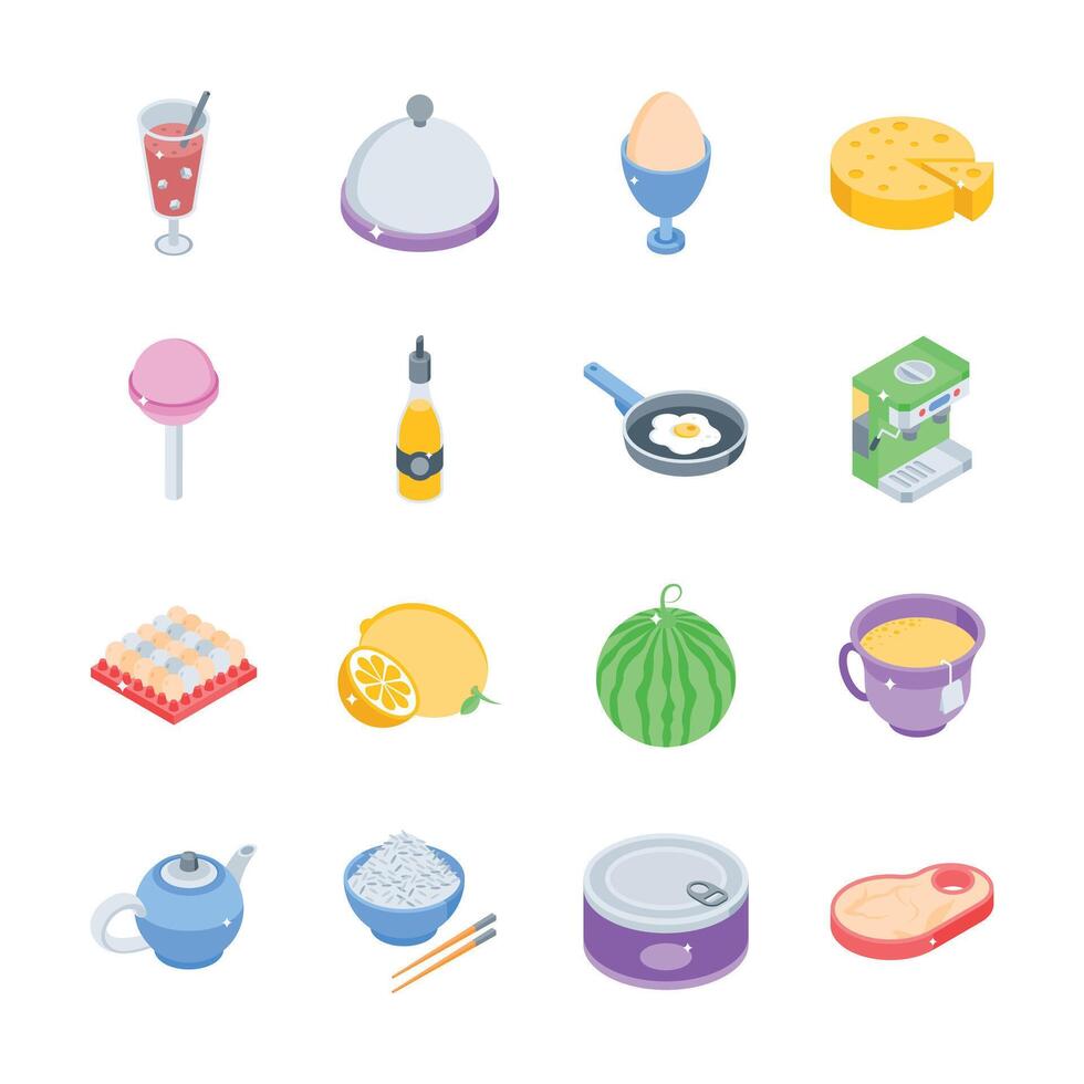 Have a look at this pack of fast food and drinks isometric icons vector