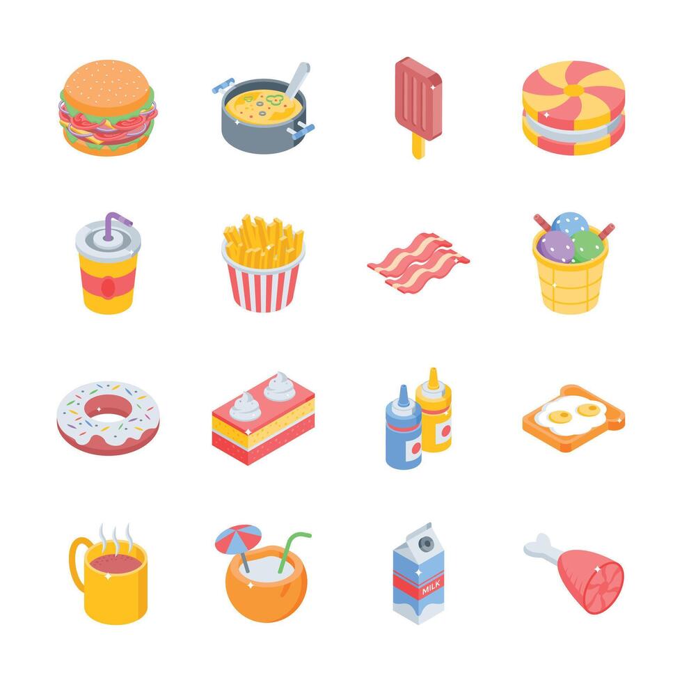 Have a look at this pack of fast food and beverages isometric icons vector