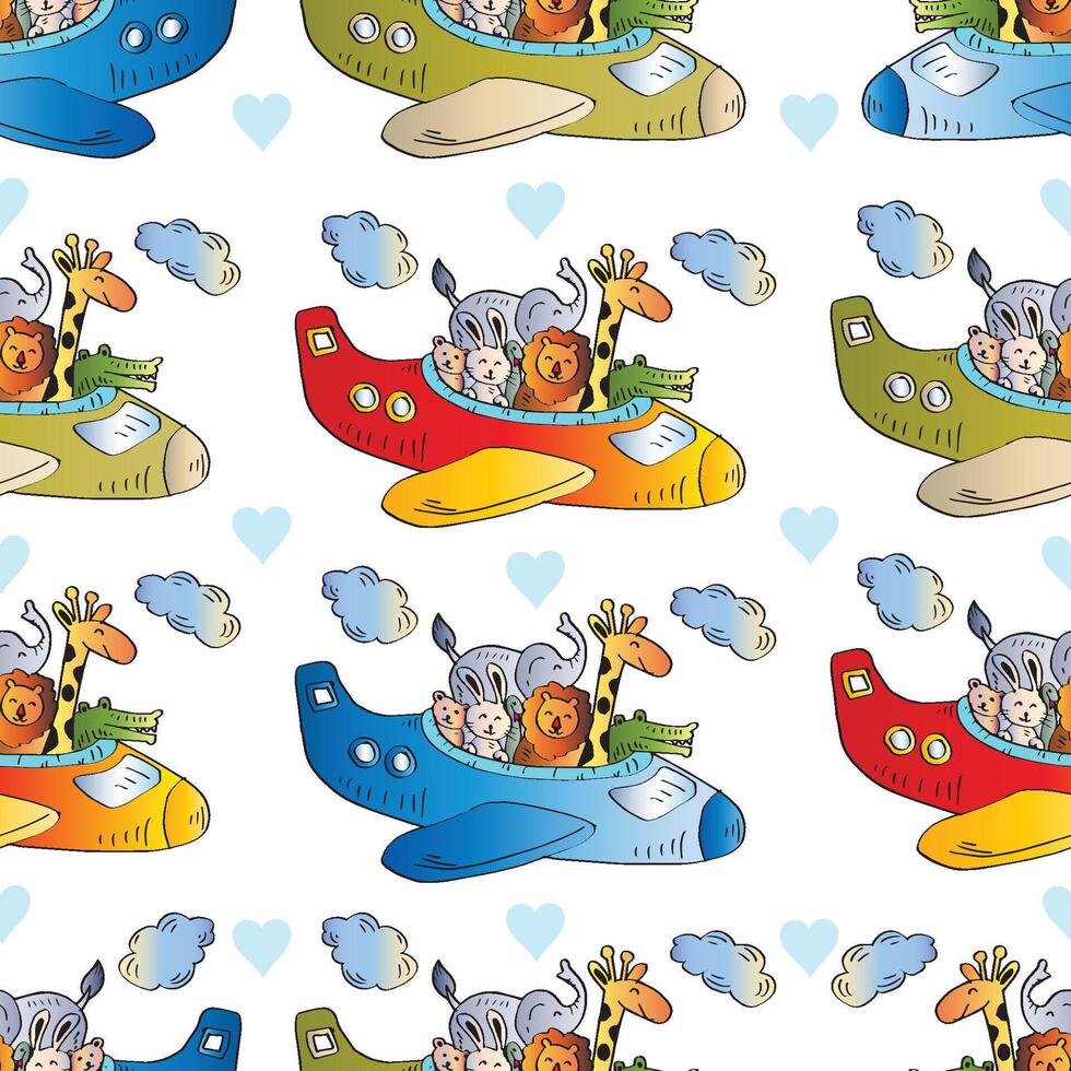 Seamless pattern with animals in a colorful airplane flying in the sky with clouds vector
