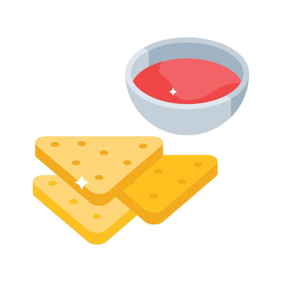 A trendy isometric icon showing nachos with dip vector