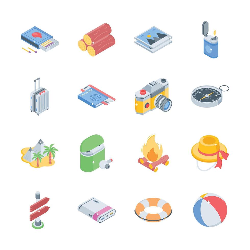 Check out this handy collection of travel and adventure isometric icons vector