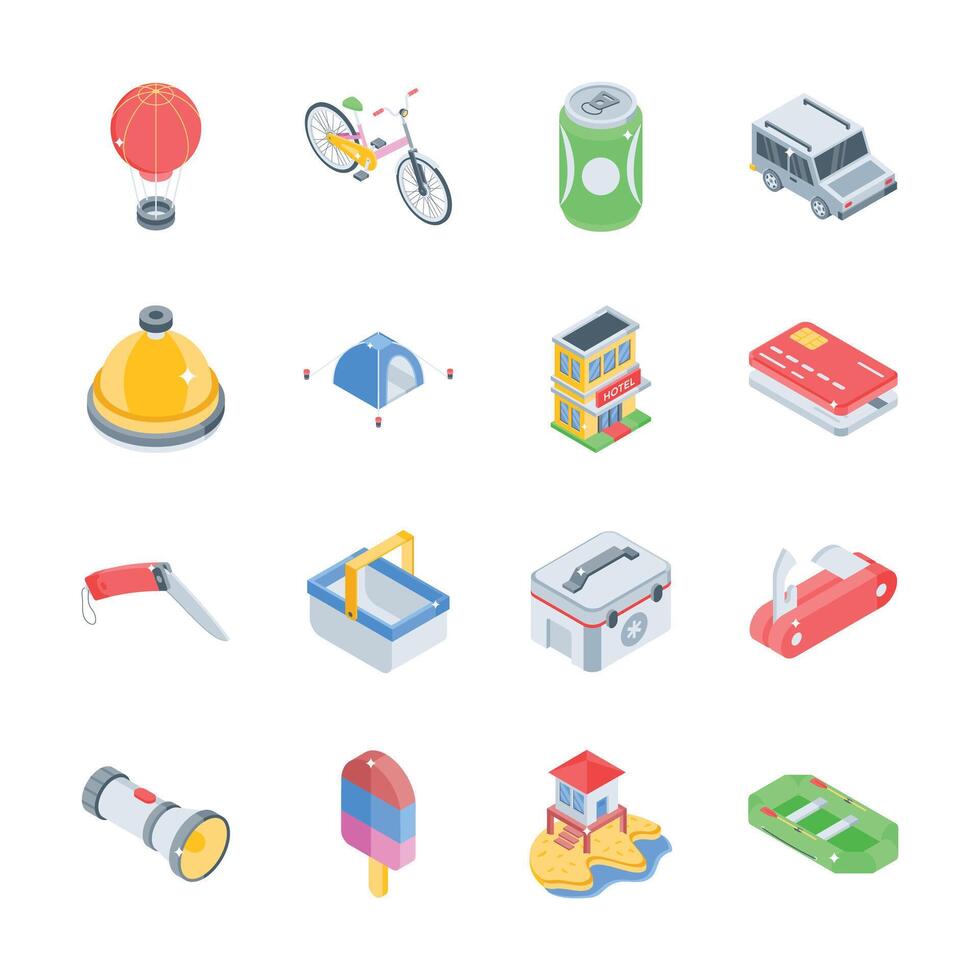 Have a look at this amazing bundle of travel and outdoor fun isometric icons vector