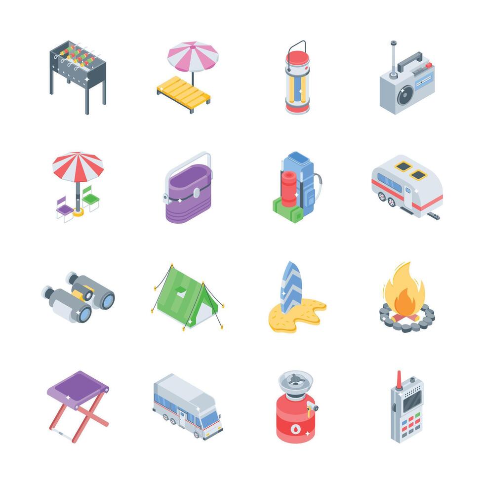 Get this premium set showing travel and holiday isometric icons vector