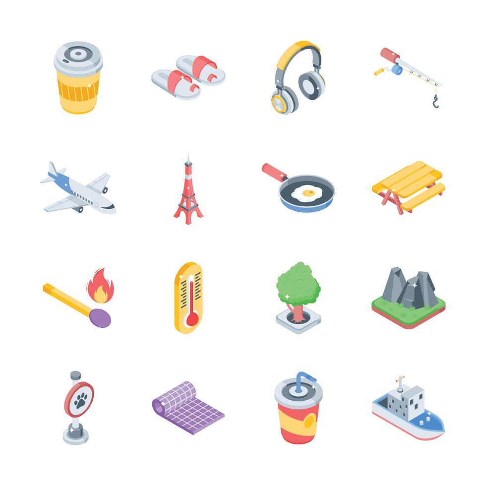 Check this modern collection of travel and camping isometric icons vector