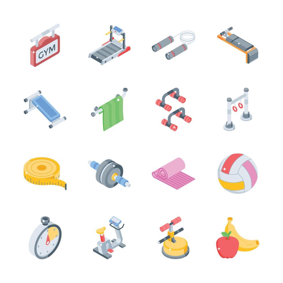 Well designed collection of fitness and workout tools isometric icons vector