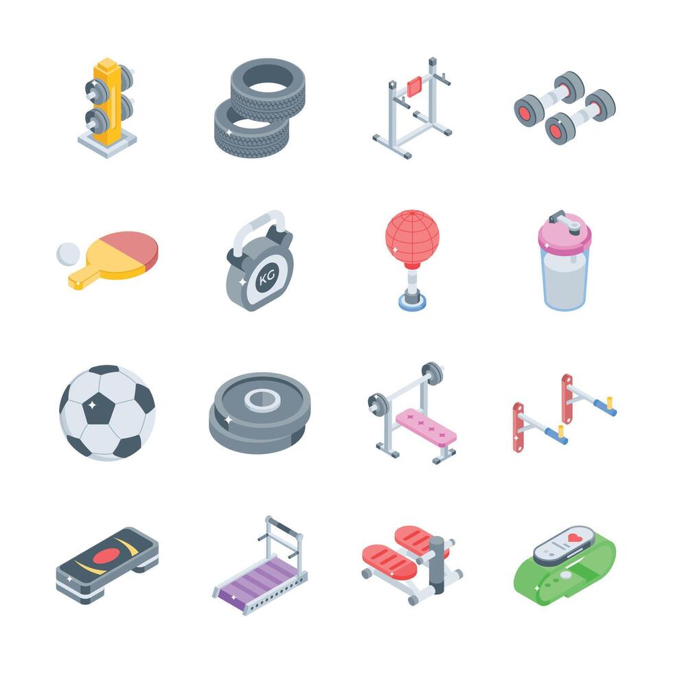 Ready to use pack of fitness and gym equipment isometric icons vector