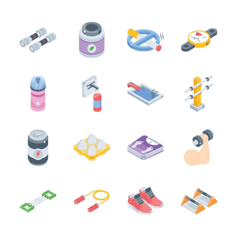 Handy pack depicting fitness and diet isometric icons, easy to edit vector