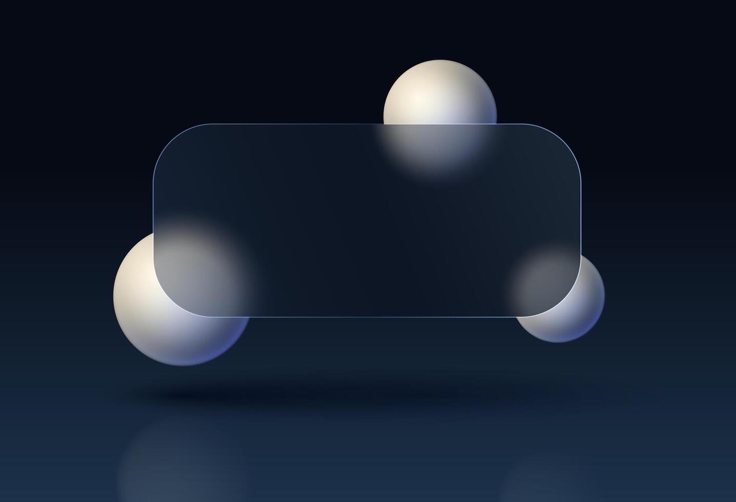 A banner with rounded edges in the style of transparent glass morphism against the background of floating framed round spheres. vector