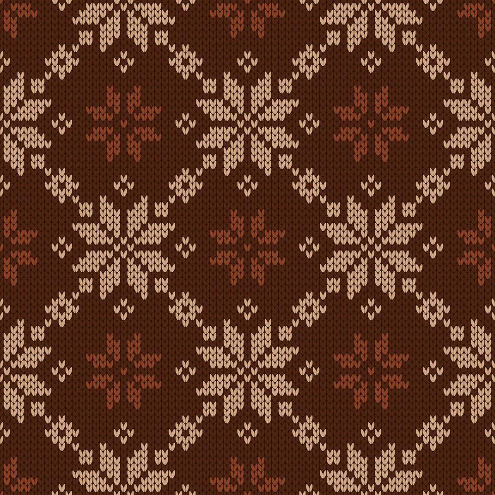 Scandinavian knitted seamless pattern. Norwegian native style sweater. Wool texture. Winter brown holiday background, illustration with snowflakes. vector