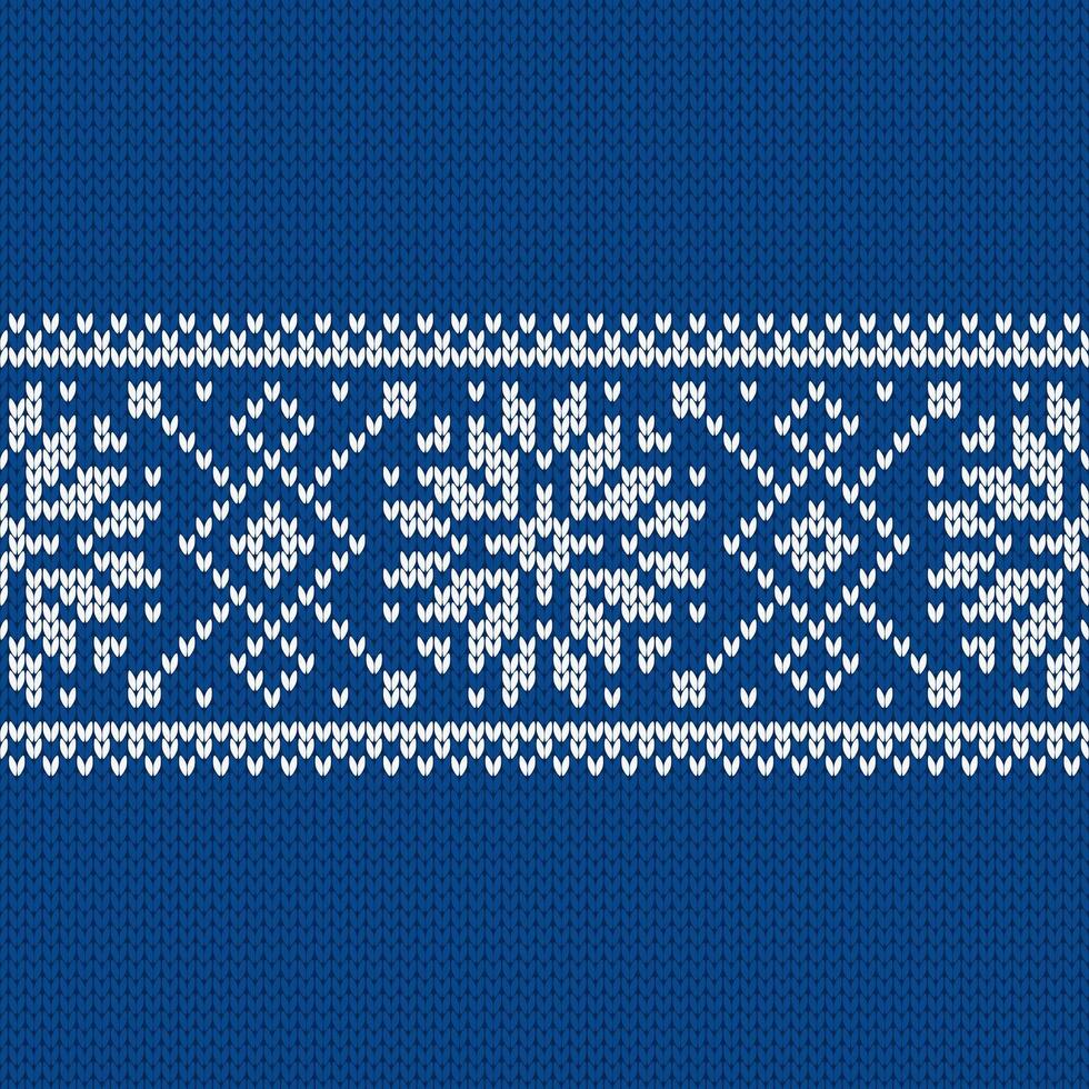 Scandinavian knitted seamless pattern. Norwegian native style sweater, ornament with snowflakes. Fair Isle design. Wool texture. Winter holiday background, blue white illustration. vector