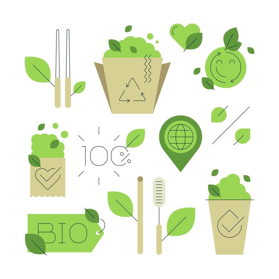 Eco-friendly packaging. Biodegradable goods. Reusable. Vegetarian foods. Set of concepts vector