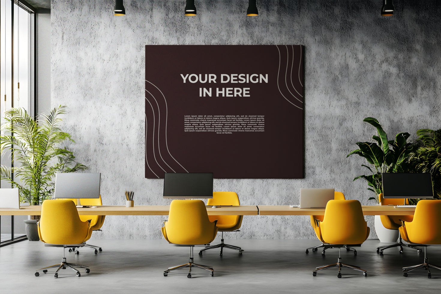 Office with a Square Canvas Mockup on a Concrete Wall psd