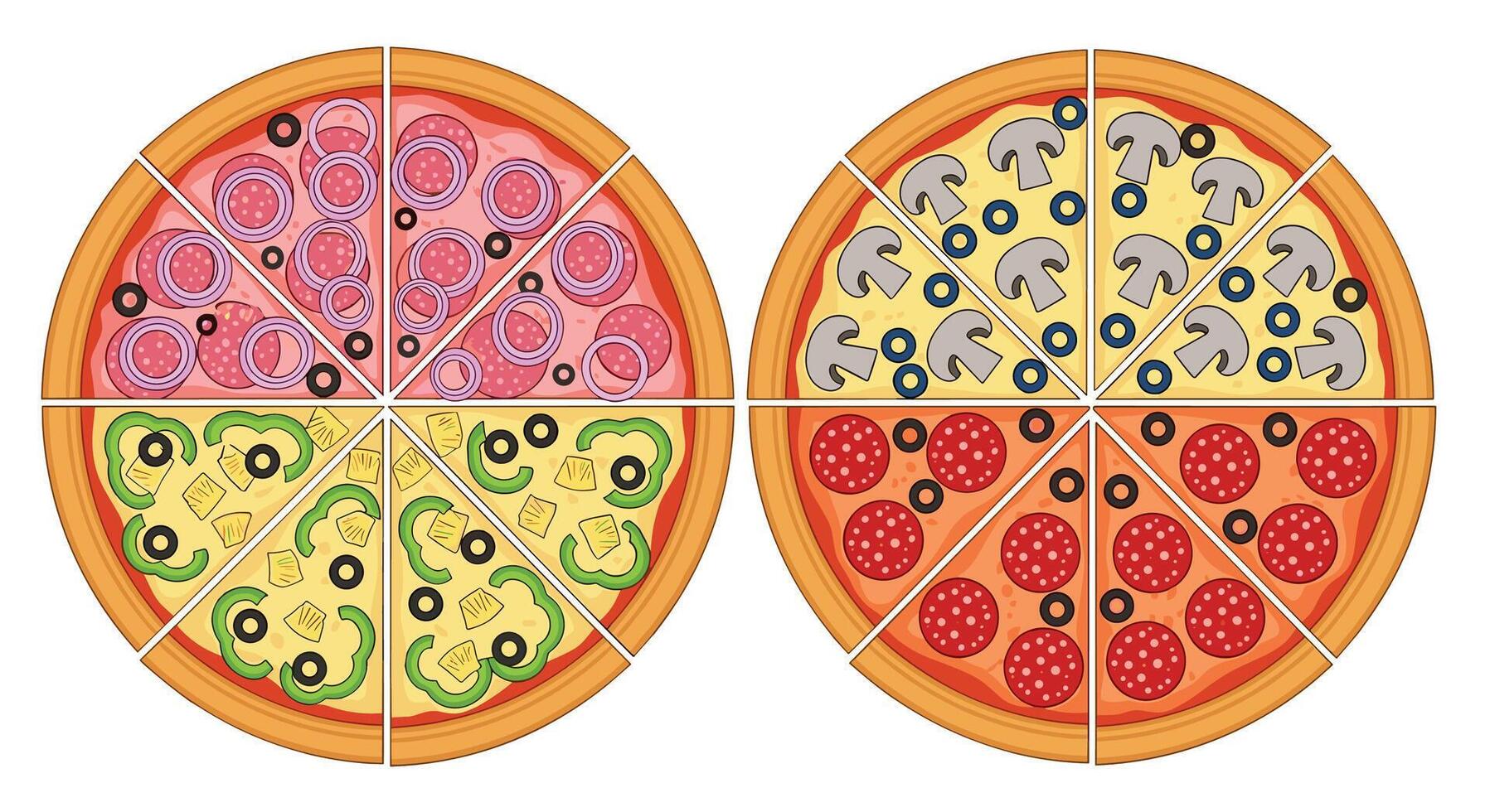Delicious Round Pizza Pies with Multiple Toppings Variety Different Flavor Profiles on Fresh Dough vector