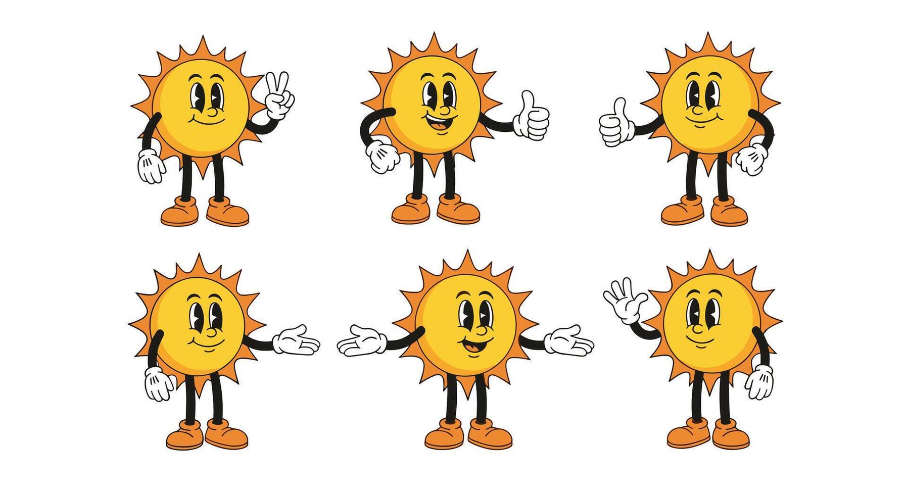 A Collection of Fun and Friendly Sun Cartoon Characters Expressing Different Emotions vector
