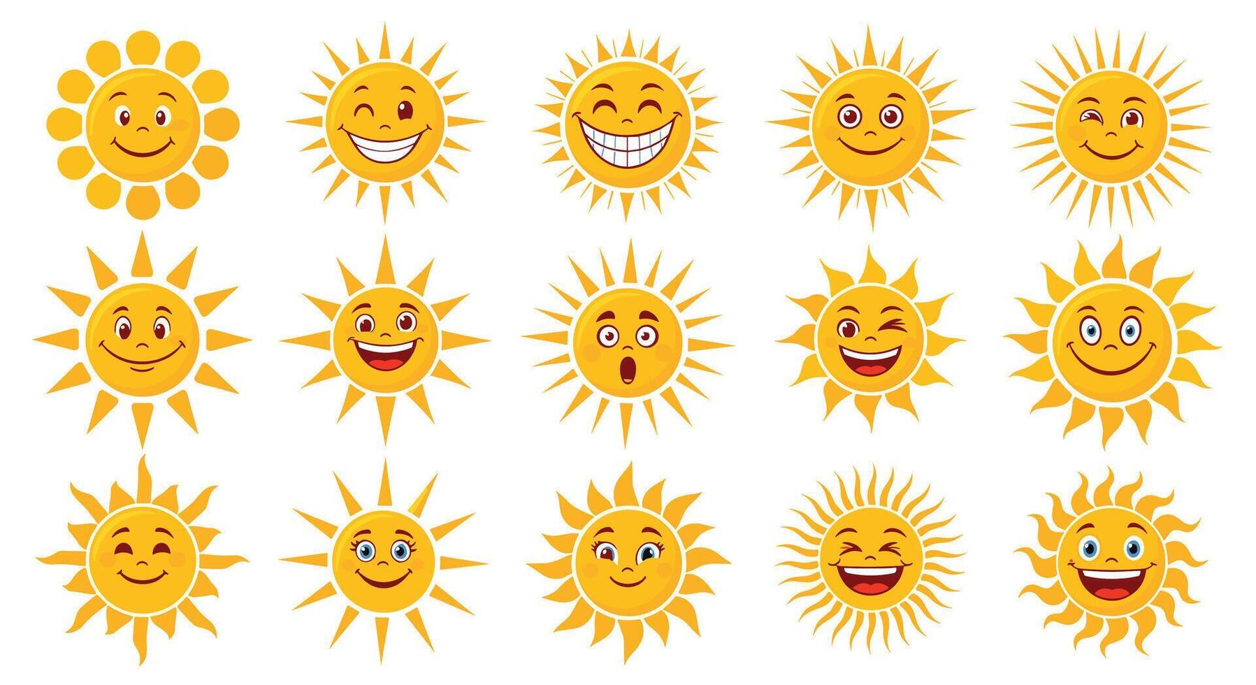 Collection of Smiling Yellow Sun Illustrations Depicting Warmth Happiness Summer And Energy Source vector