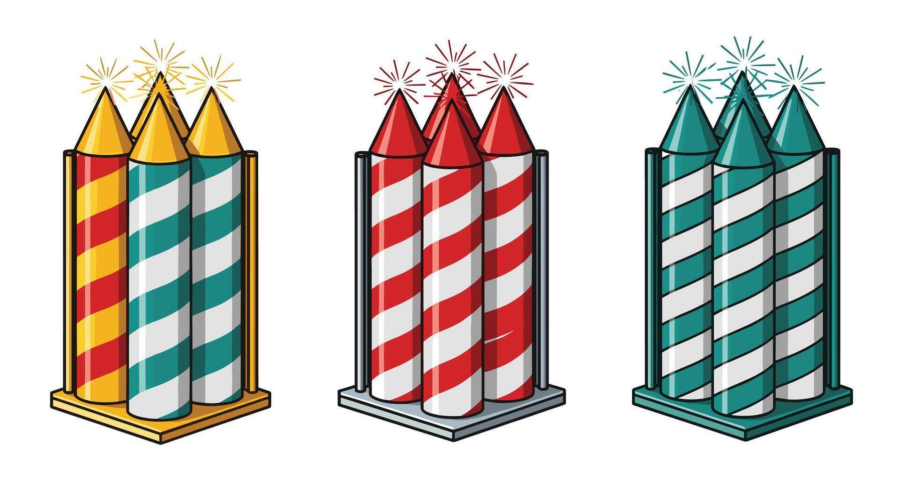 Three Sets of Sparklers Stand Together Ready to Light Up the Night Sky vector