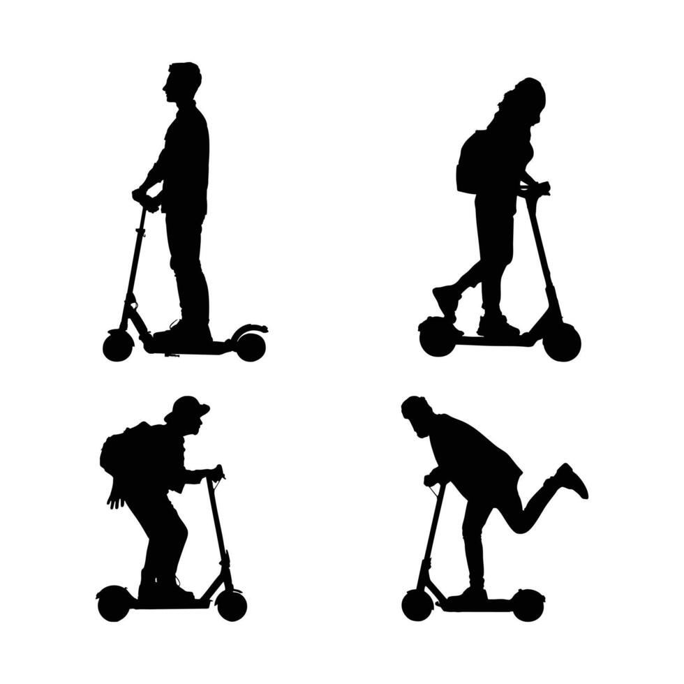 Electric Scooter Rider Silhouette Set Collection of People Riding E-Scooters in Various Poses on White Background vector