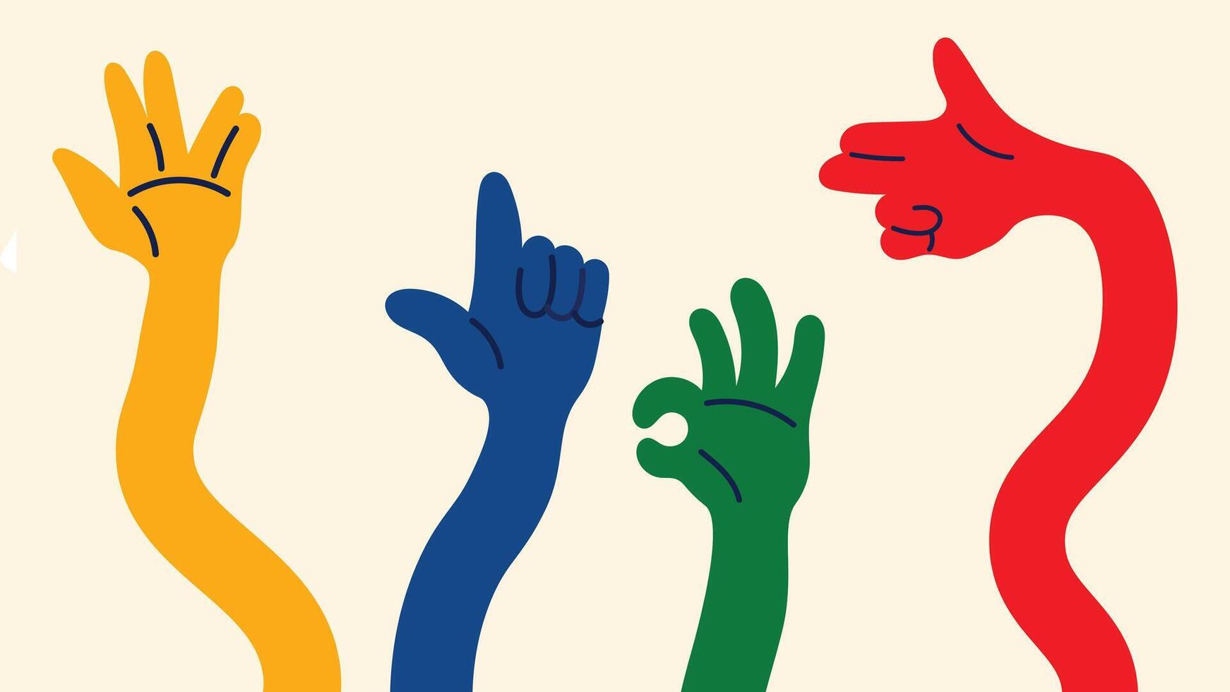 Cartoon set of colorful hands expressive gestures in playful funky doodle style. Includes finger snap, pointing, OK and more vector