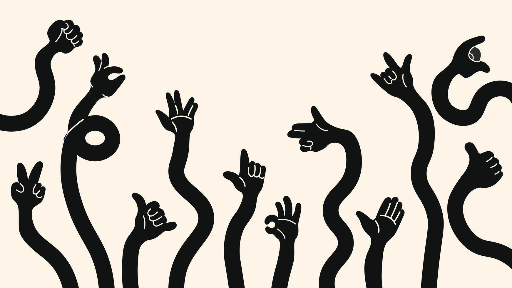 Colorful hand gestures. Different poses- pointing, hold, ok, finger snap. Human palms and wrists illustration in funky, doodle style, trendy sticker set vector