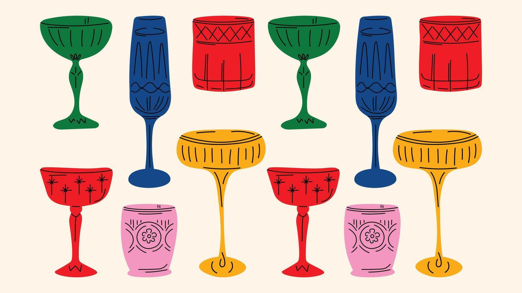 Set of alcoholic cocktails in retro cartoon glasses. Classic summer aperitifs and fun drinks in hippie groovy hand-drawn style. Perfect for party and vacation designs. vector