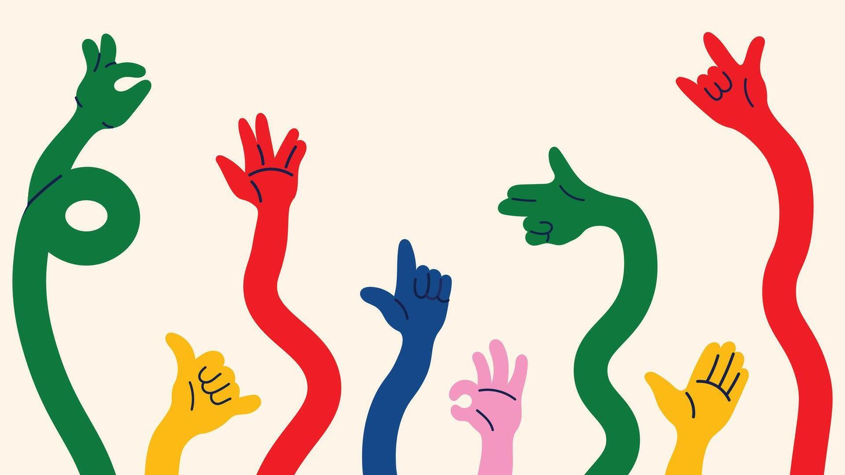 Hands in motion pointing, OK sign, peace fingers and holding pose. Colorful cartoon doodle illustration set for stickers and fun graphics vector