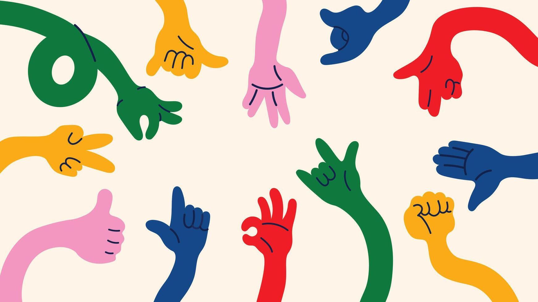Trendy retro cartoon hand illustrations funky doodle style, colorful gestures like OK, hold, point and snap. vector