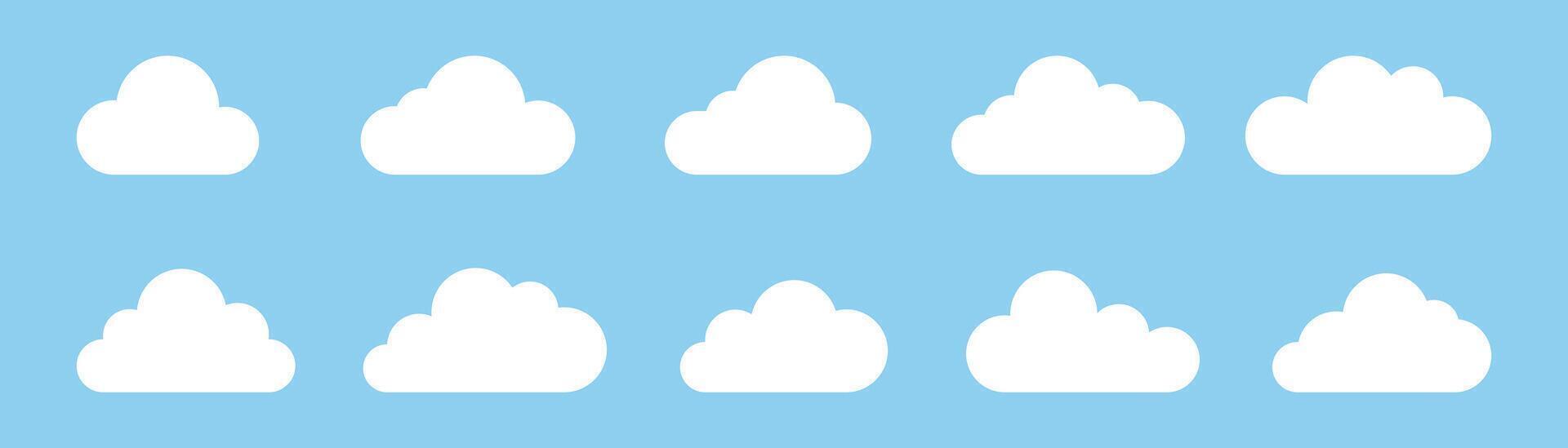 Set white cloud icons. Cartoon cloud flat design. Weather, sky, climate, atmosphere. illustration vector