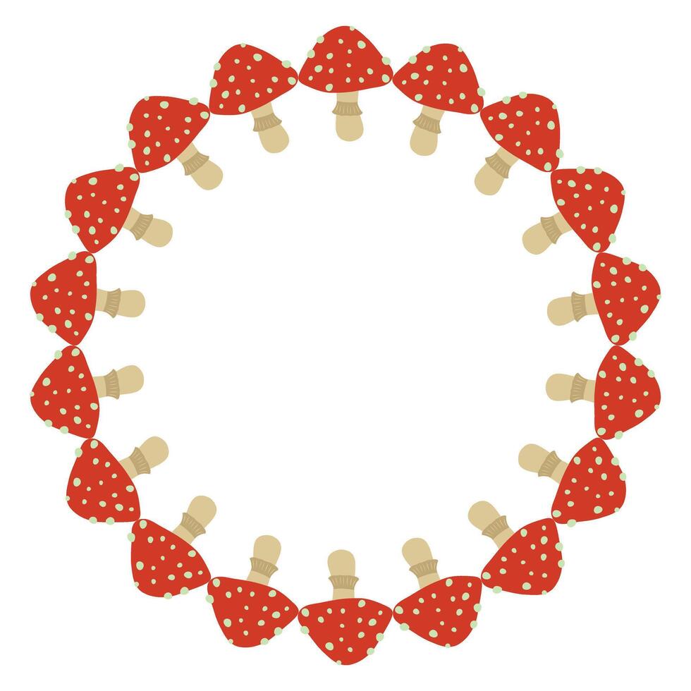 Fly agaric mushrooms circle frame. Round border made of amanita mushrooms. flat wreath isolated on white background vector