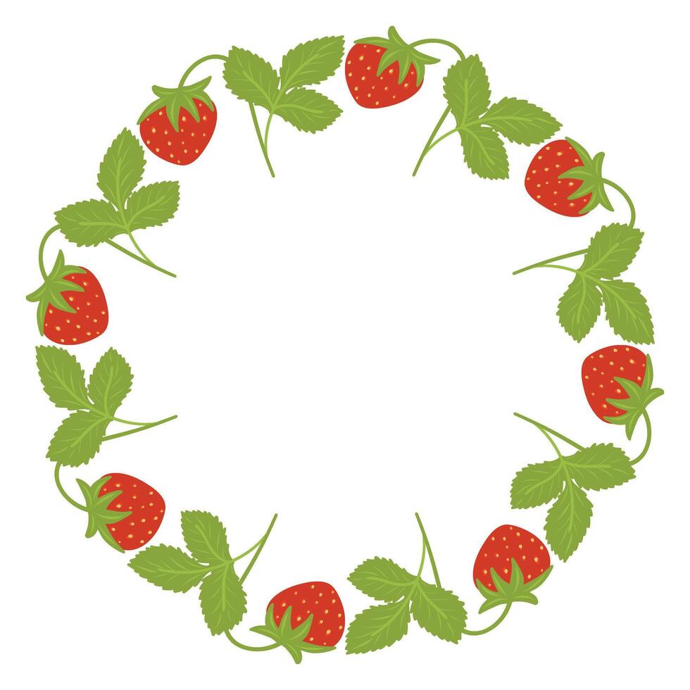 Strawberry plant circle frame. Round border made of strawberries. flat wreath isolated on white background vector